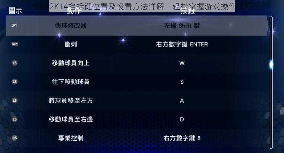 NBA 2K14挡拆键位置及设置方法详解：轻松掌握游戏操作技巧